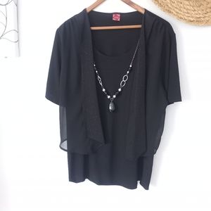 Fashion One USA  Black Top With Shawl Cardigan Sparkle Necklace Sz L